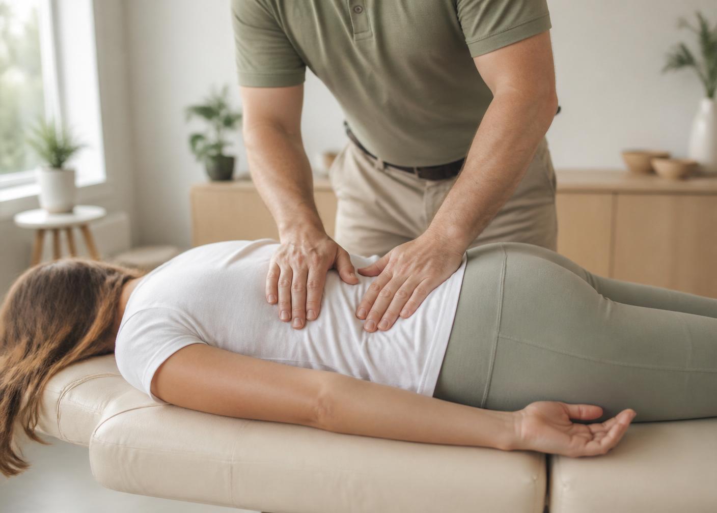 Osteopathische Behandlung, ruhige Hände auf dem Rücken einer Patientin